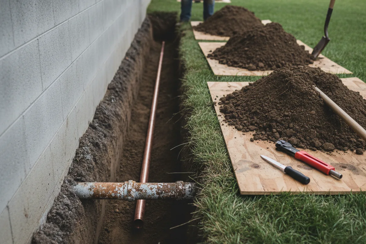 Excavated water line trench during Sewer Line Repair in Cookstown